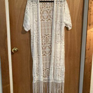 Long White Lace Kimono with Fringe